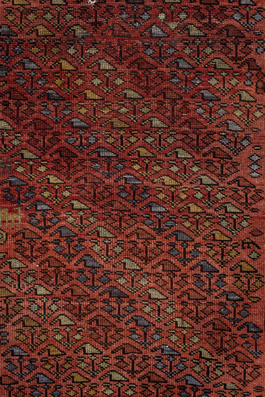 3' x 6' one-of-a-kind handmade antique Kurd small size rug. Color palette: rust, slate, burgundy, ivory, gold, charcoal