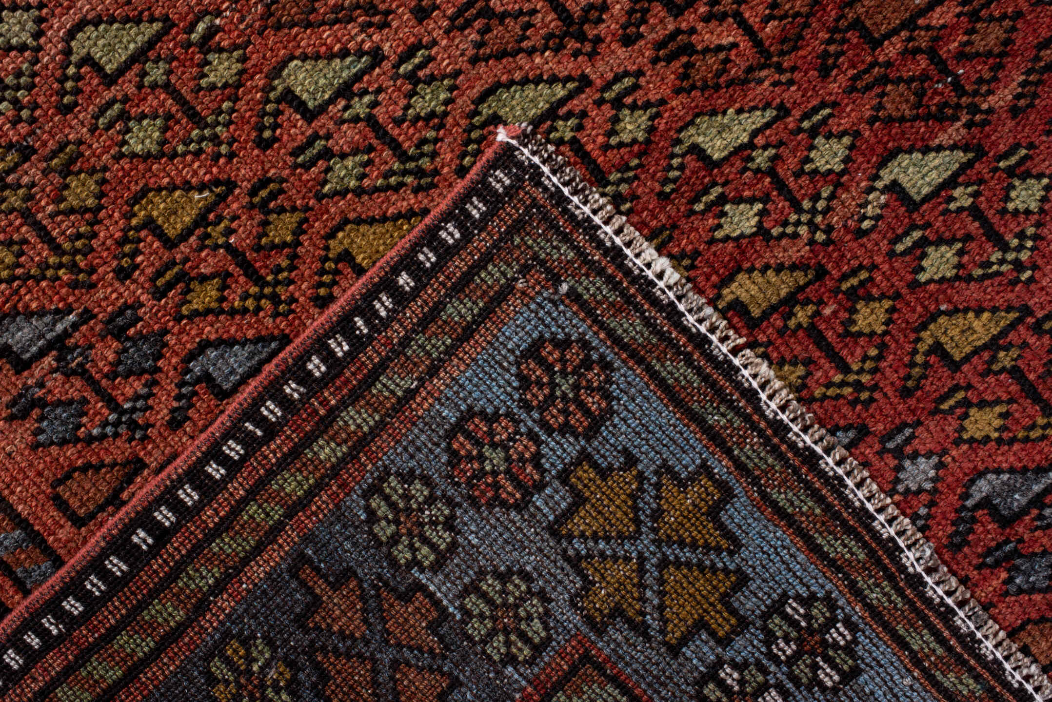 3' x 6' one-of-a-kind handmade antique Kurd small size rug. Color palette: rust, slate, burgundy, ivory, gold, charcoal