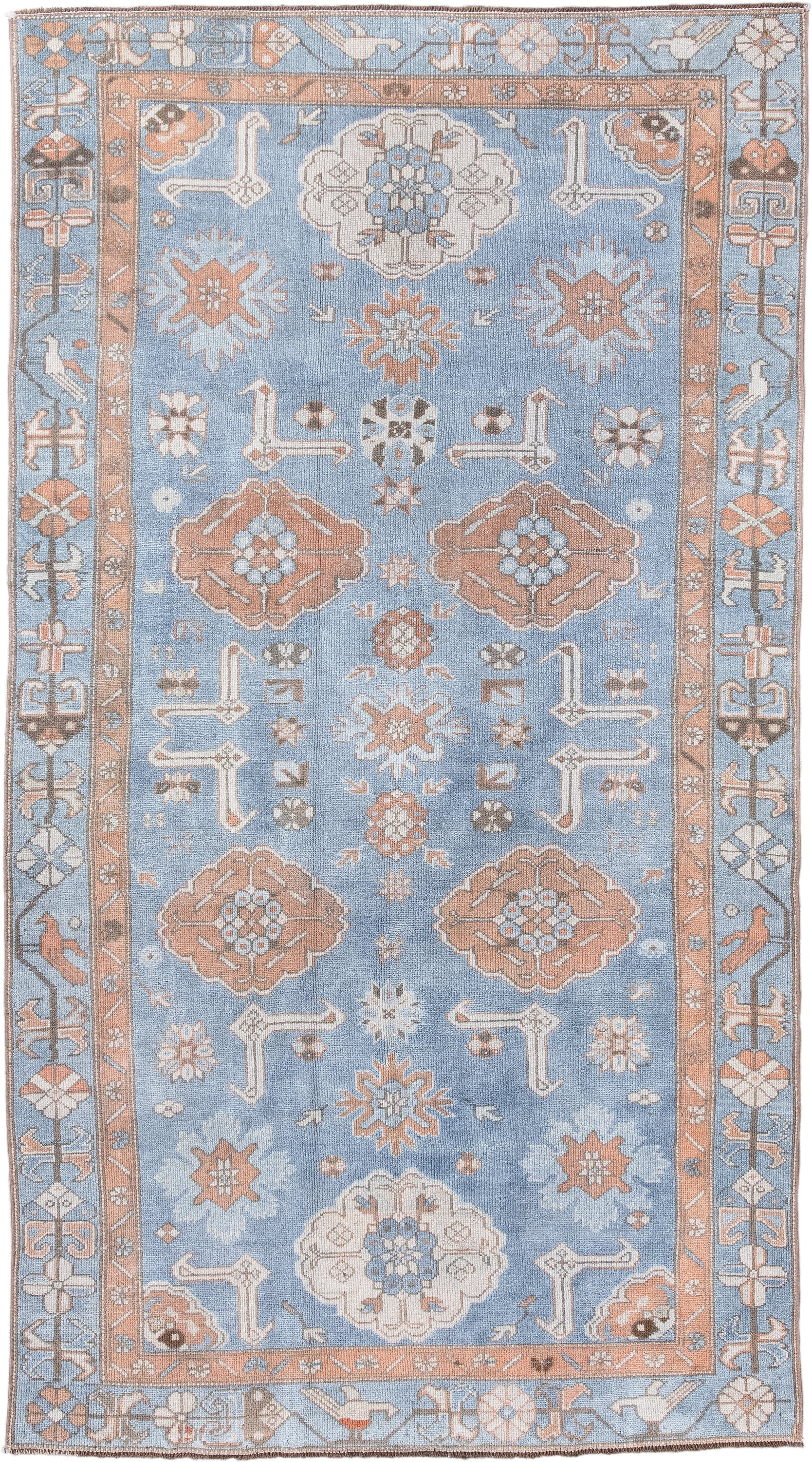 3' x 6' one-of-a-kind handmade antique Oushak small size rug. Color palette: sky blue, peach, ivory, taupe, brown, slate