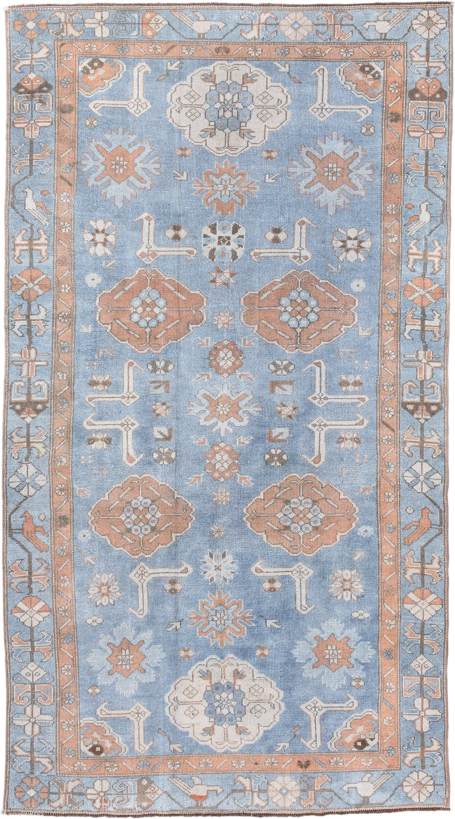3' x 6' one-of-a-kind handmade antique Oushak small size rug. Color palette: sky blue, peach, ivory, taupe, brown, slate