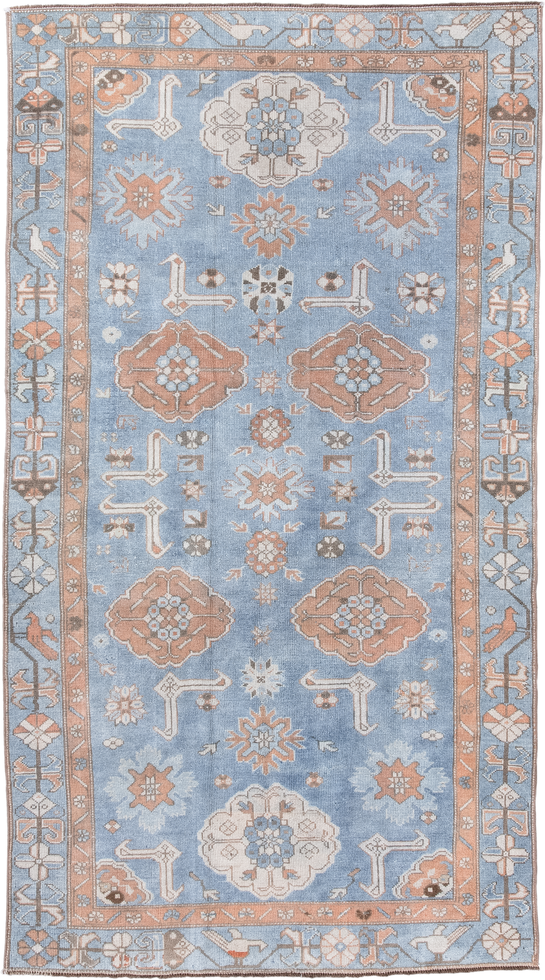 3' x 6' one-of-a-kind handmade antique Oushak small size rug. Color palette: sky blue, peach, ivory, taupe, brown, slate