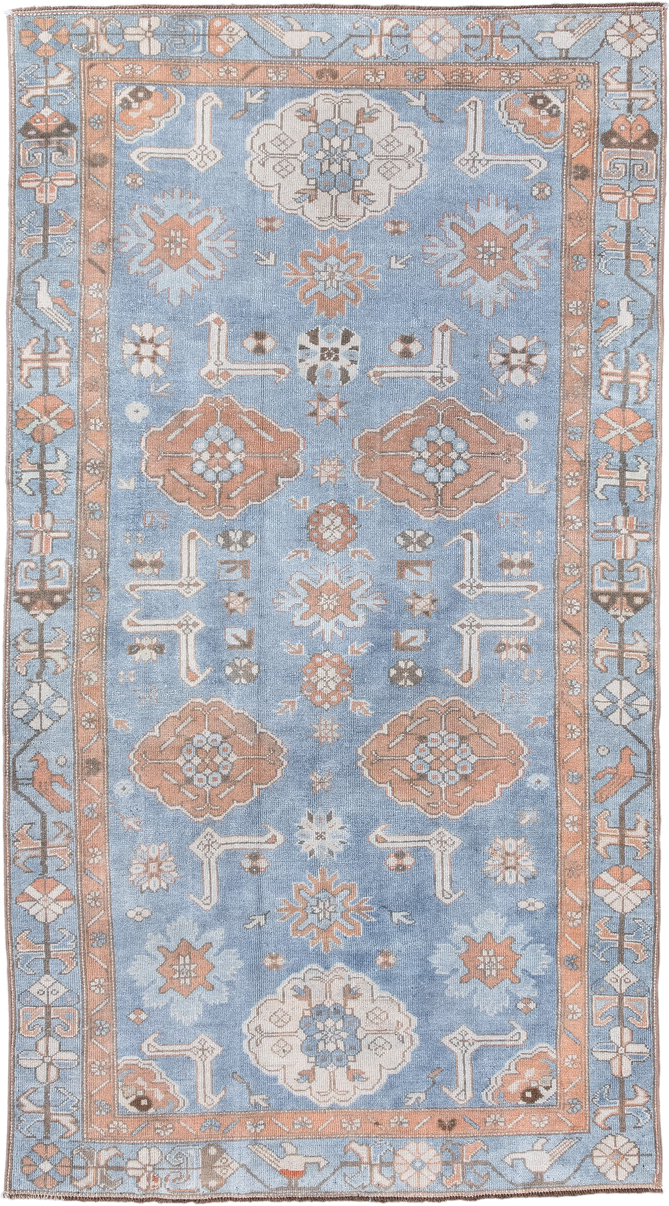 3' x 6' one-of-a-kind handmade antique Oushak small size rug. Color palette: sky blue, peach, ivory, taupe, brown, slate