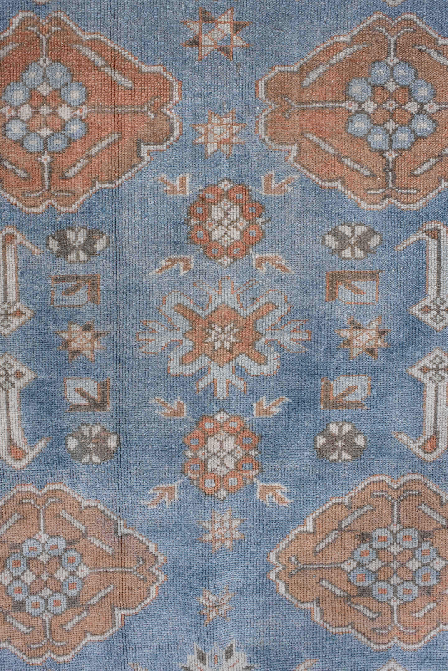 3' x 6' one-of-a-kind handmade antique Oushak small size rug. Color palette: sky blue, peach, ivory, taupe, brown, slate