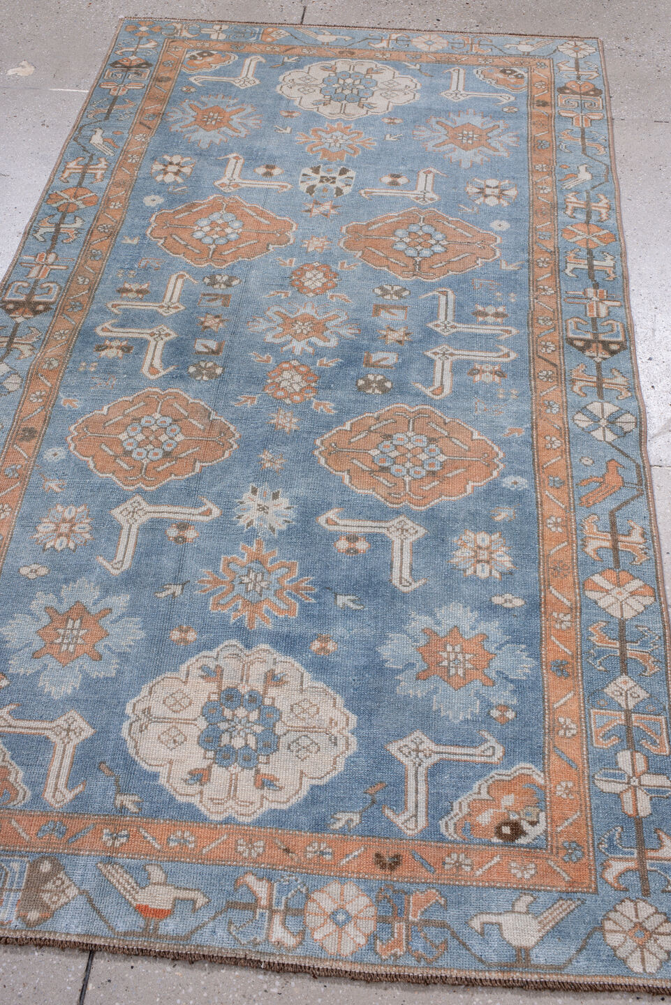 3' x 6' one-of-a-kind handmade antique Oushak small size rug. Color palette: sky blue, peach, ivory, taupe, brown, slate