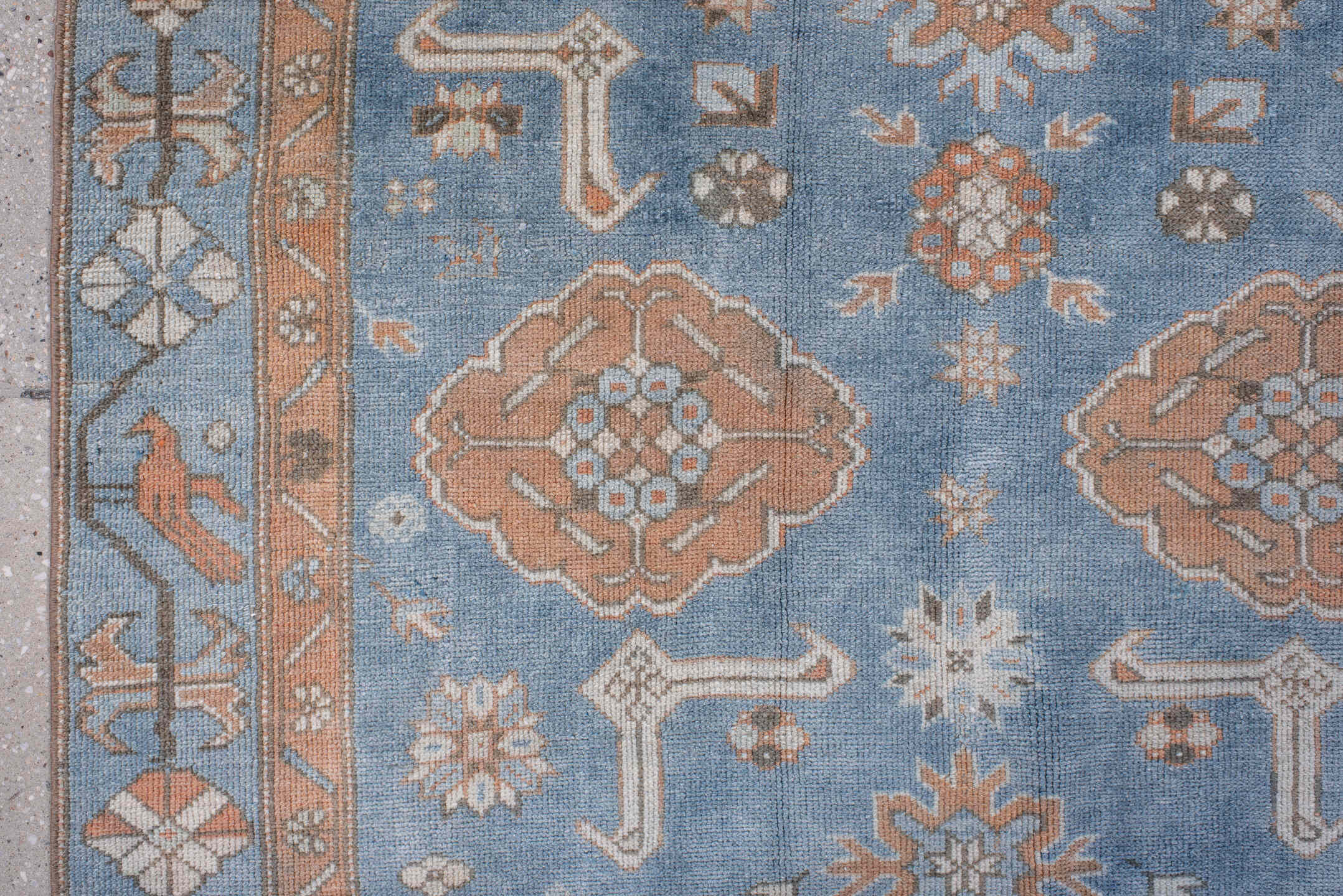 3' x 6' one-of-a-kind handmade antique Oushak small size rug. Color palette: sky blue, peach, ivory, taupe, brown, slate