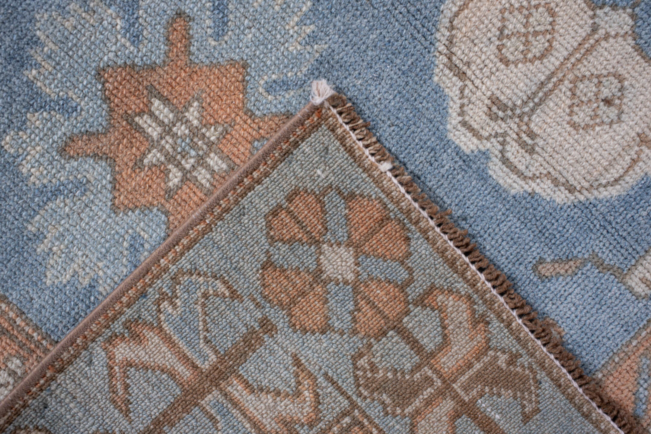 3' x 6' one-of-a-kind handmade antique Oushak small size rug. Color palette: sky blue, peach, ivory, taupe, brown, slate