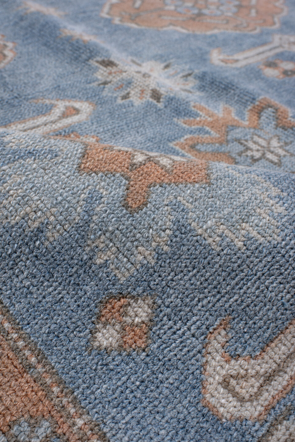 3' x 6' one-of-a-kind handmade antique Oushak small size rug. Color palette: sky blue, peach, ivory, taupe, brown, slate