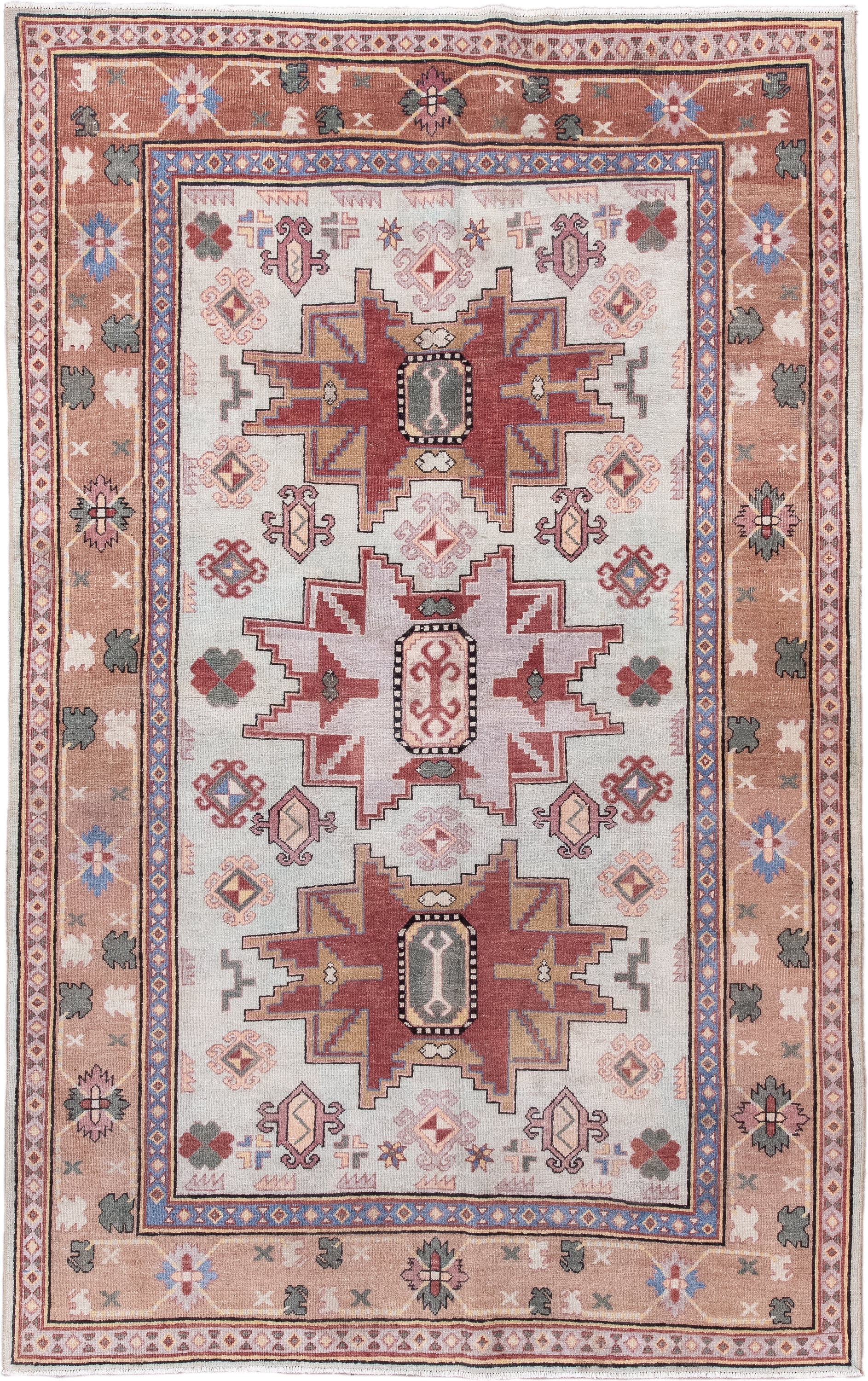4' x 7' one-of-a-kind handmade antique Khotan rug. Color palette: ivory, camel, rose, dusty blue, sage, rust, taupe, beige