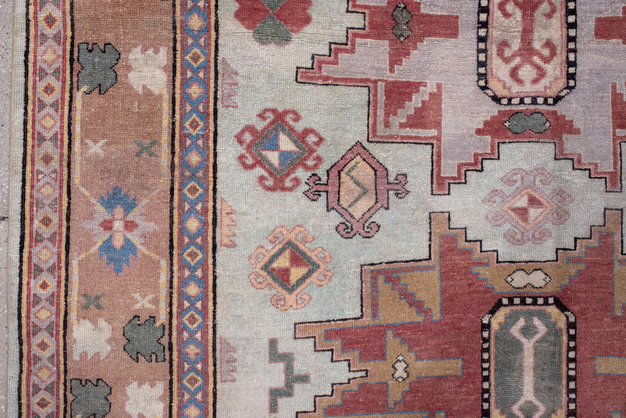 4' x 7' one-of-a-kind handmade antique Khotan rug. Color palette: ivory, camel, rose, dusty blue, sage, rust, taupe, beige
