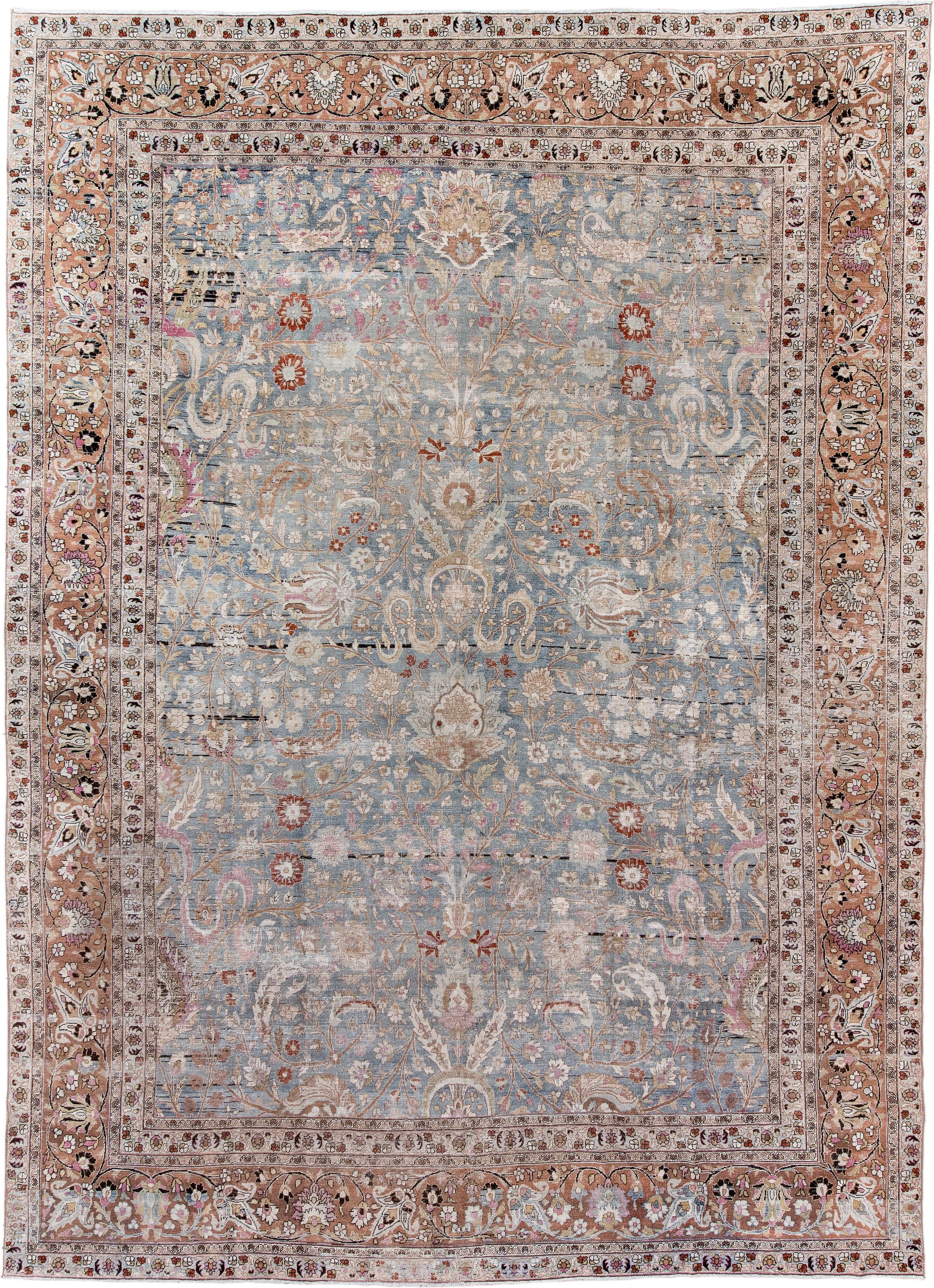 11' x 16' one-of-a-kind handmade vintage Meshed oversize rug. Color palette: light blue, blush, ivory, taupe, rust, rose