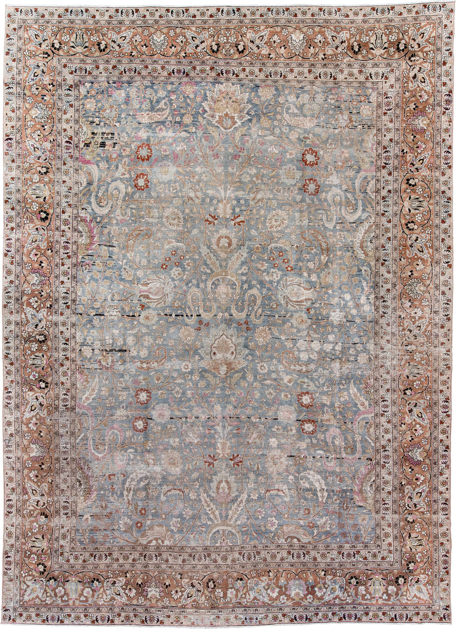 11' x 16' one-of-a-kind handmade vintage Meshed oversize rug. Color palette: light blue, blush, ivory, taupe, rust, rose