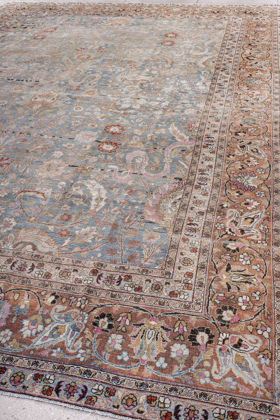 11' x 16' one-of-a-kind handmade vintage Meshed oversize rug. Color palette: light blue, blush, ivory, taupe, rust, rose