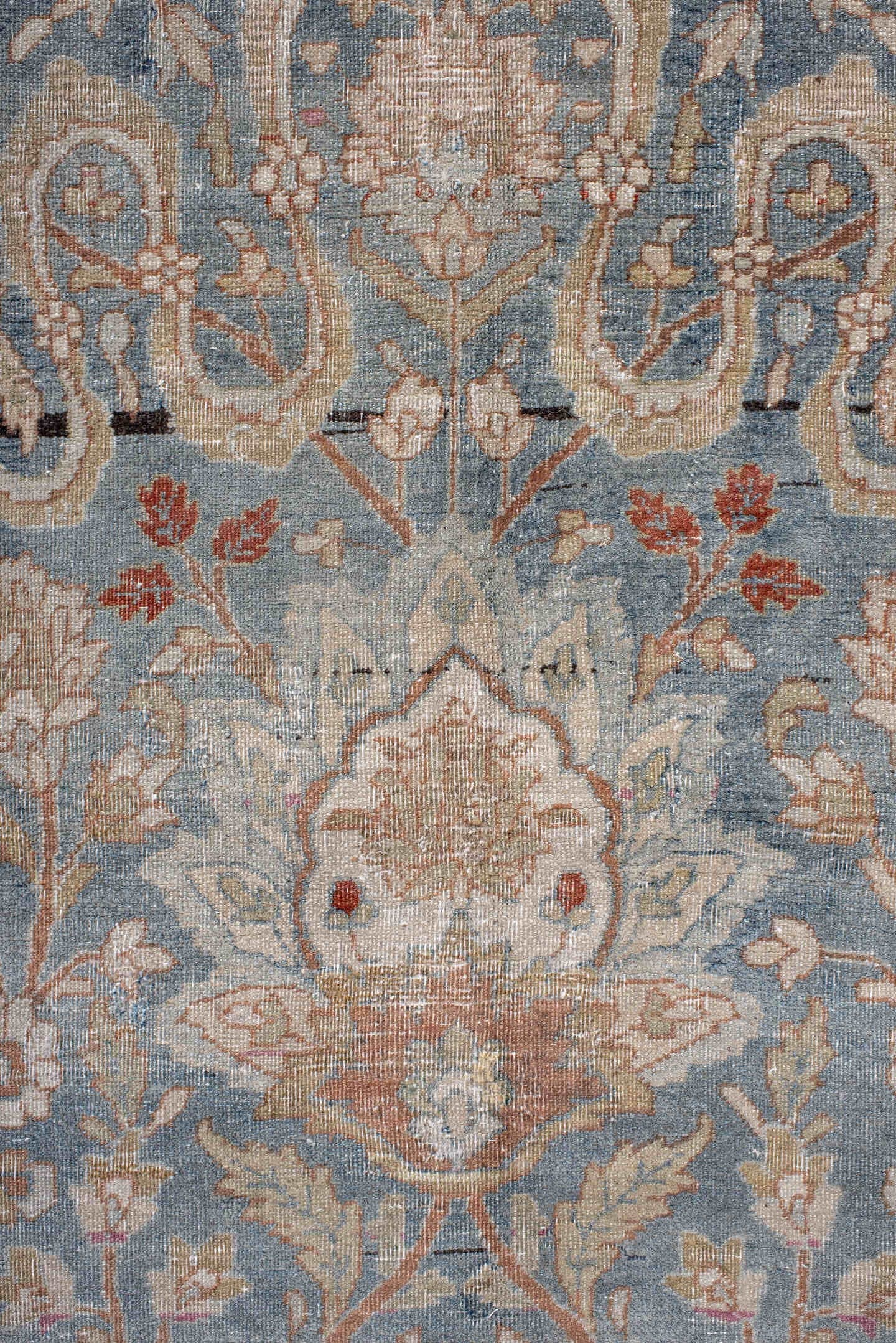 11' x 16' one-of-a-kind handmade vintage Meshed oversize rug. Color palette: light blue, blush, ivory, taupe, rust, rose