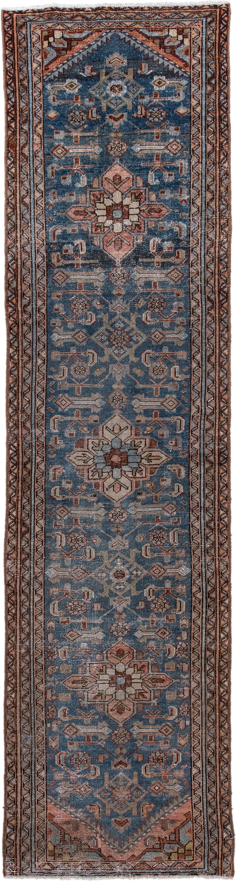 2' x 9' one-of-a-kind handmade antique Hamadan runner rug. Color palette: blue, rust, ivory, brown, taupe, slate, terracotta