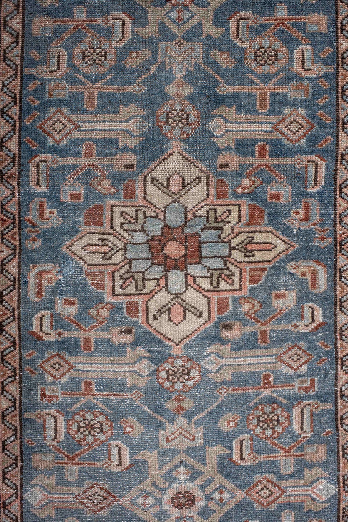 2' x 9' one-of-a-kind handmade antique Hamadan runner rug. Color palette: blue, rust, ivory, brown, taupe, slate, terracotta