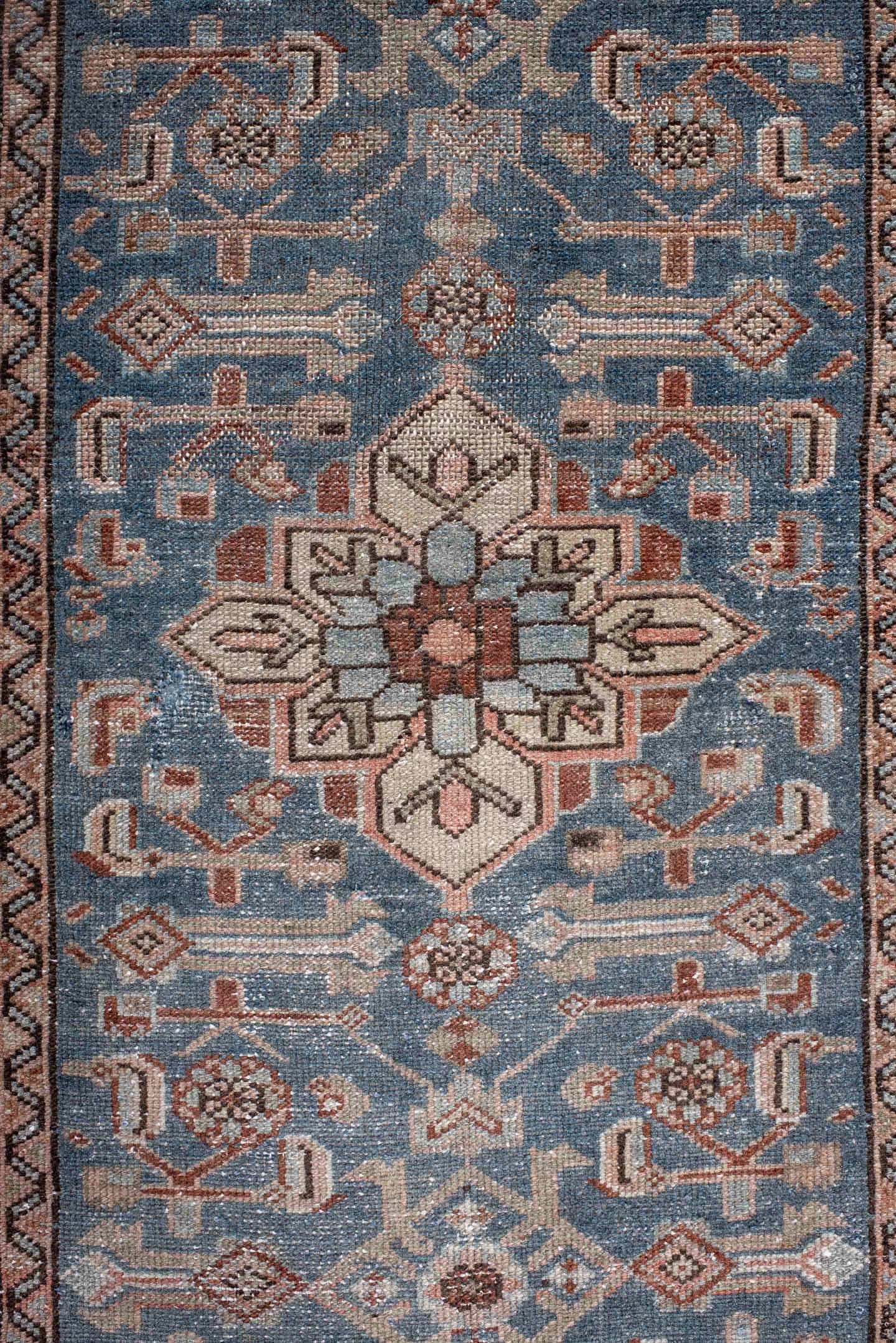 2' x 9' one-of-a-kind handmade antique Hamadan runner rug. Color palette: blue, rust, ivory, brown, taupe, slate, terracotta