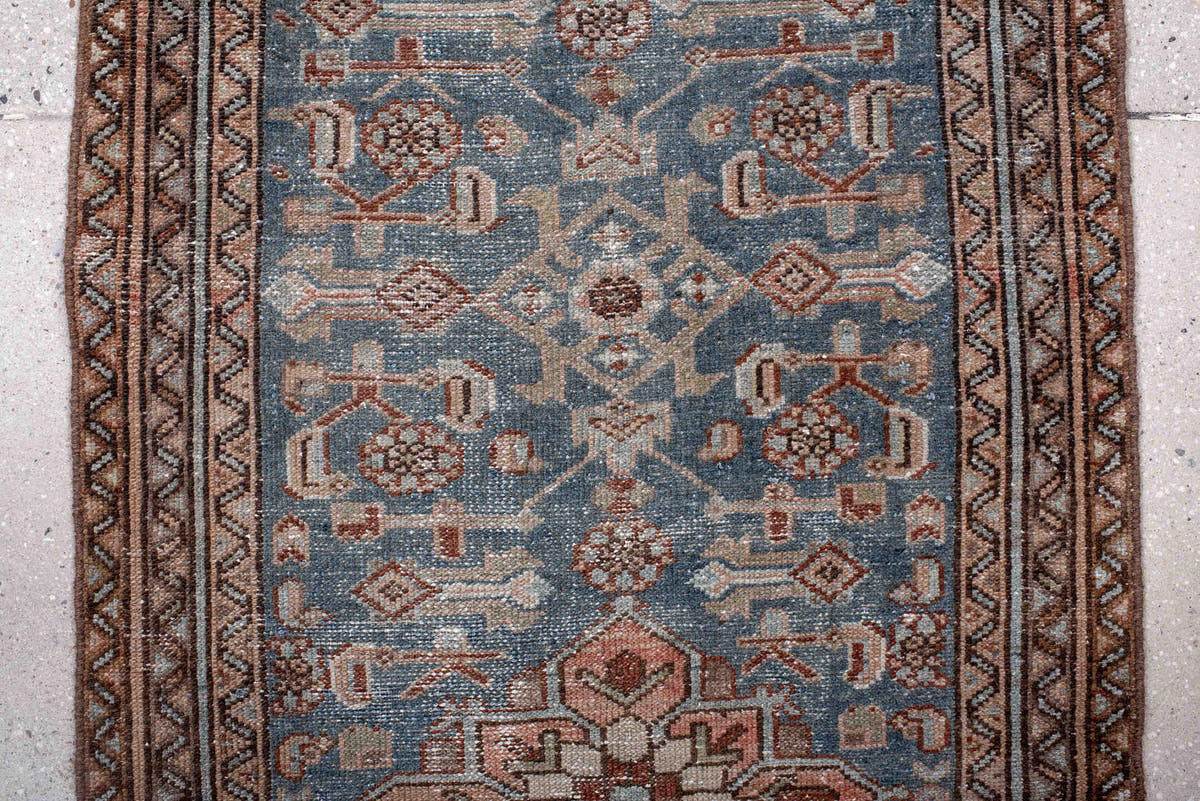2' x 9' one-of-a-kind handmade antique Hamadan runner rug. Color palette: blue, rust, ivory, brown, taupe, slate, terracotta