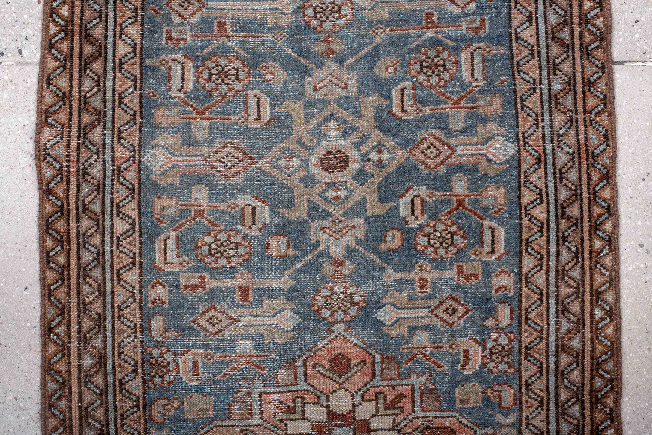 2' x 9' one-of-a-kind handmade vintage Hamadan runner rug. Color palette: blue, brown, dark gray, dim gray, fiord, gray