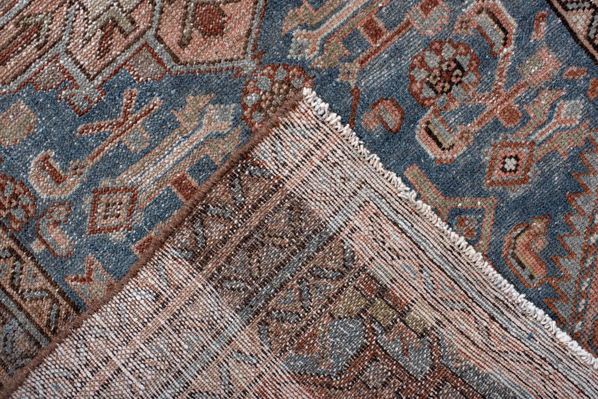 2' x 9' one-of-a-kind handmade antique Hamadan runner rug. Color palette: blue, rust, ivory, brown, taupe, slate, terracotta