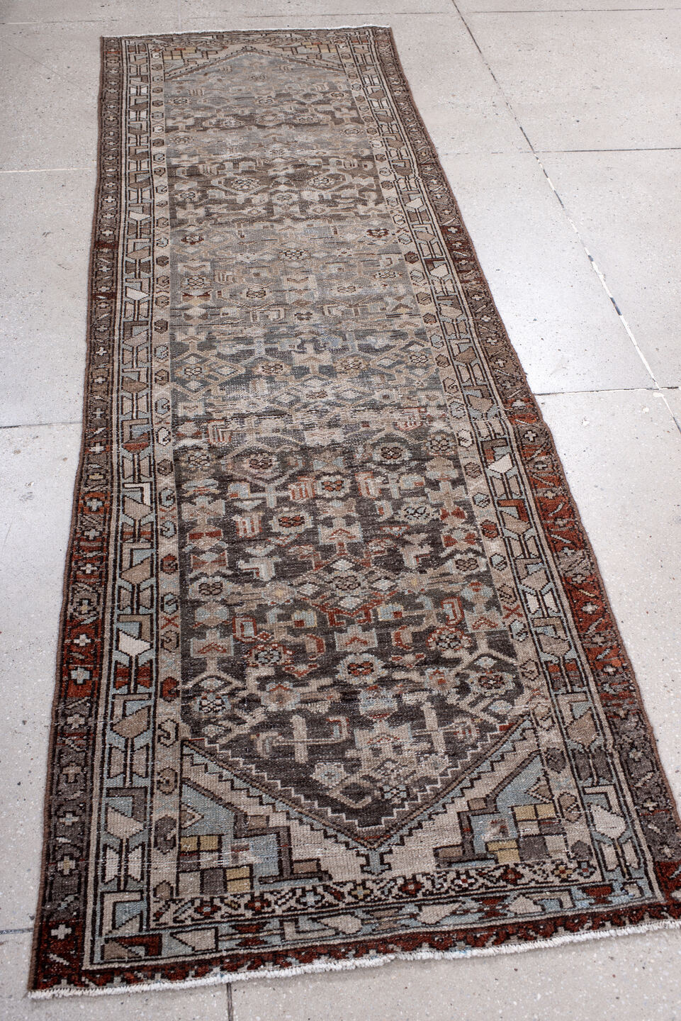 2' x 9' one-of-a-kind handmade vintage Malayer runner rug. Color palette: black, brown, charcoal, gainsboro, gray