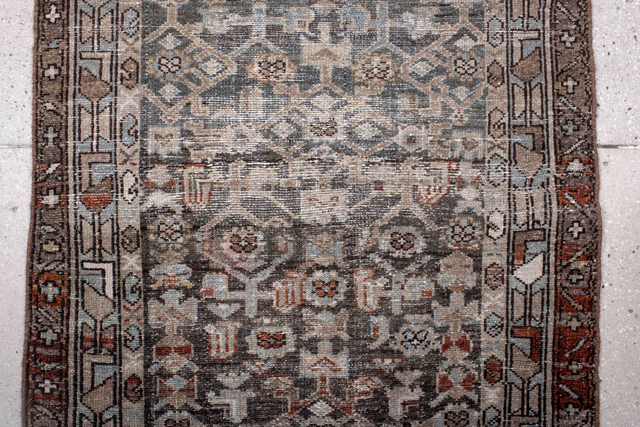 2' x 9' one-of-a-kind handmade vintage Malayer runner rug. Color palette: black, brown, charcoal, gainsboro, gray
