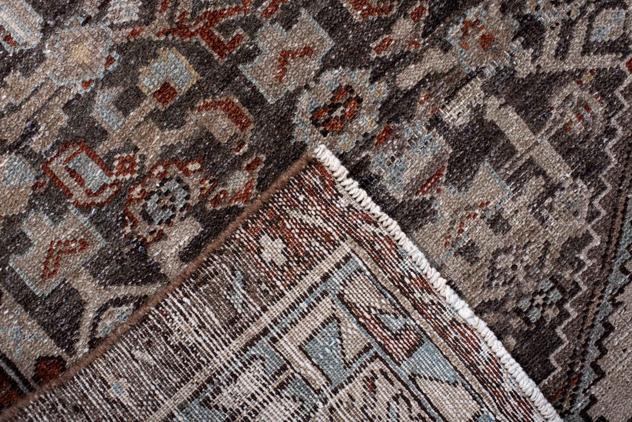 2' x 9' one-of-a-kind handmade vintage Malayer runner rug. Color palette: black, brown, charcoal, gainsboro, gray