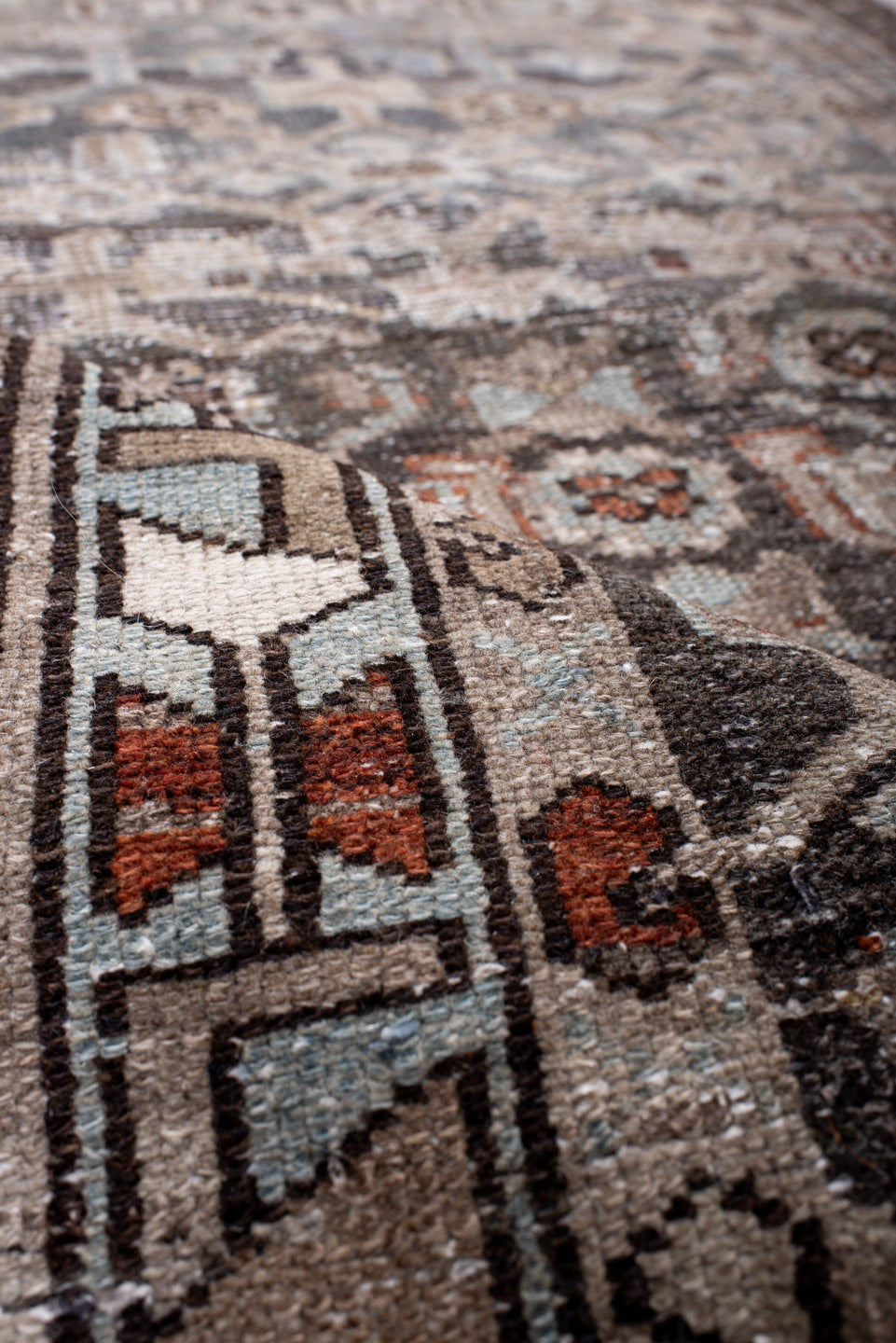 2' x 9' one-of-a-kind handmade vintage Malayer runner rug. Color palette: black, brown, charcoal, gainsboro, gray