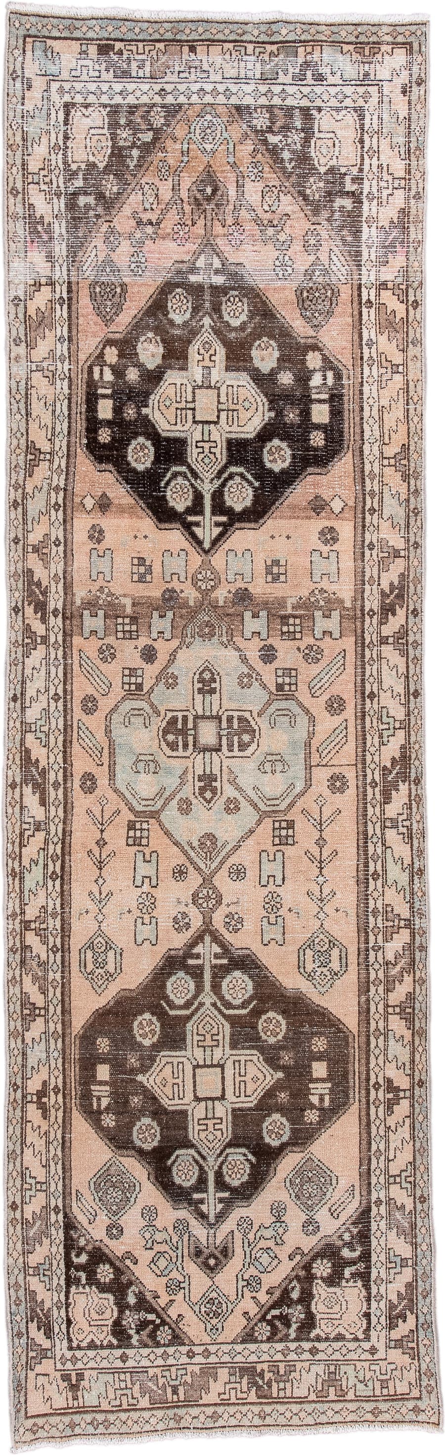 3' x 10' one-of-a-kind handmade vintage Hamadan runner rug. Color palette: blush, ivory, brown, taupe, charcoal, sage, pink