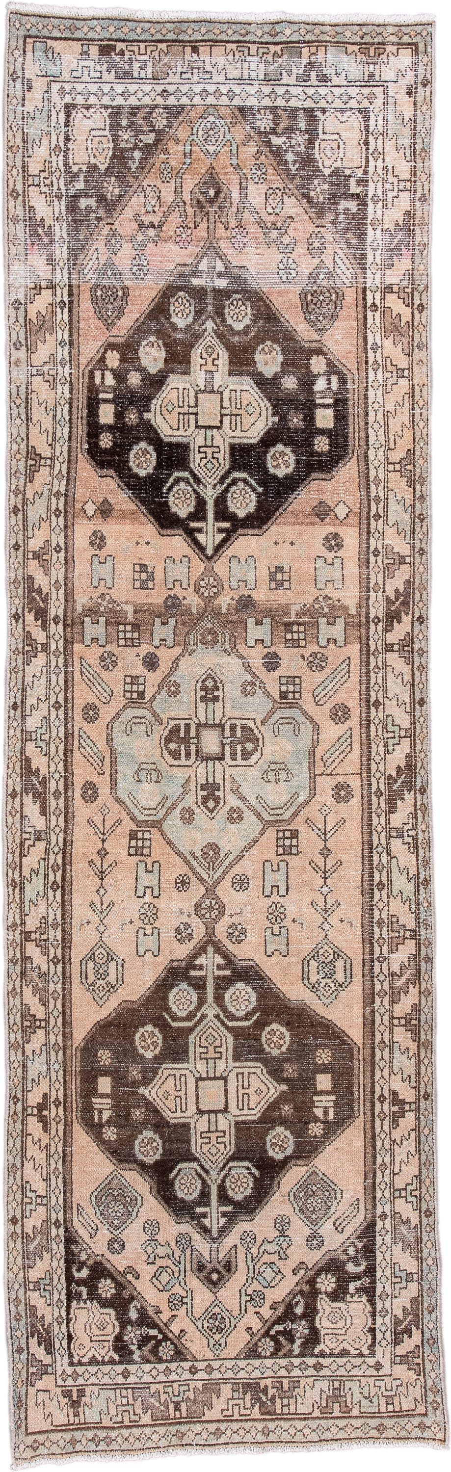 3' x 10' one-of-a-kind handmade vintage Hamadan runner rug. Color palette: blush, ivory, brown, taupe, charcoal, sage, pink