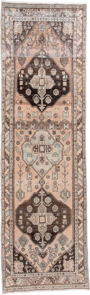 3' x 10' one-of-a-kind handmade vintage Hamadan runner rug. Color palette: blush, ivory, brown, taupe, charcoal, sage, pink