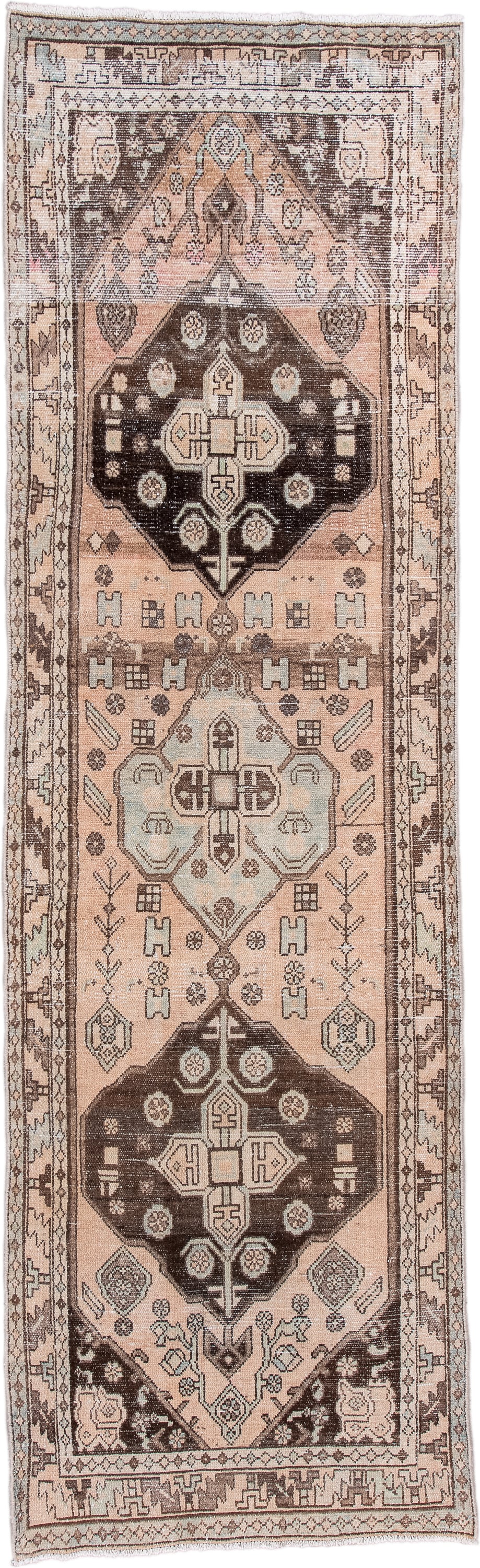 3' x 10' one-of-a-kind handmade vintage Hamadan runner rug. Color palette: blush, ivory, brown, taupe, charcoal, sage, pink