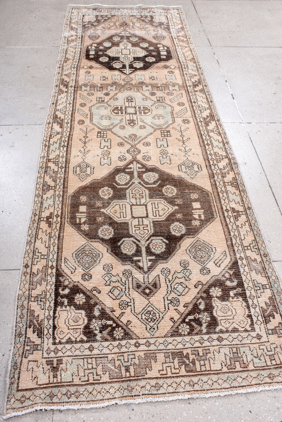 3' x 10' one-of-a-kind handmade vintage Hamadan runner rug. Color palette: black, brown, gray, light gray, off-white, orange