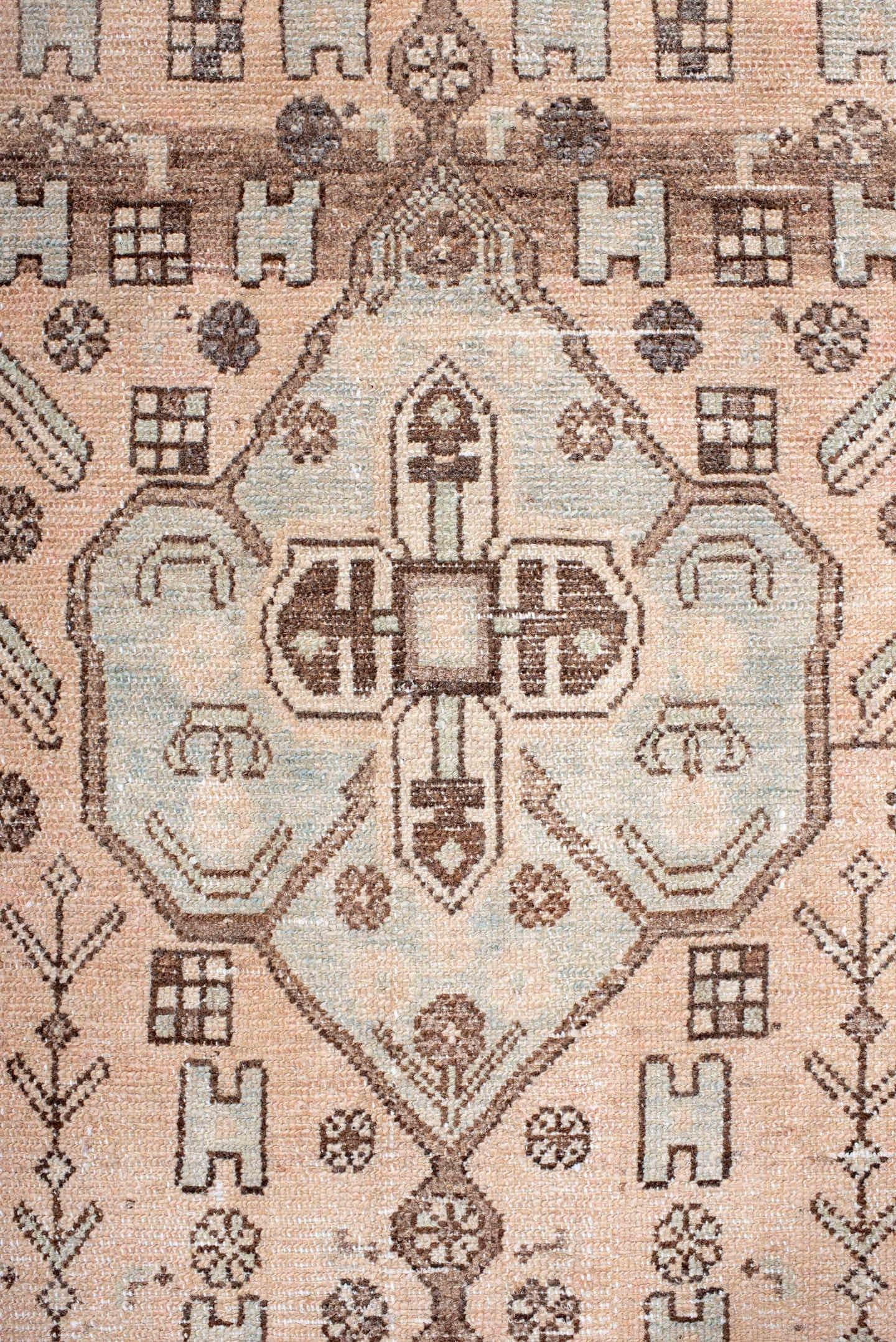 3' x 10' one-of-a-kind handmade vintage Hamadan runner rug. Color palette: blush, ivory, brown, taupe, charcoal, sage, pink