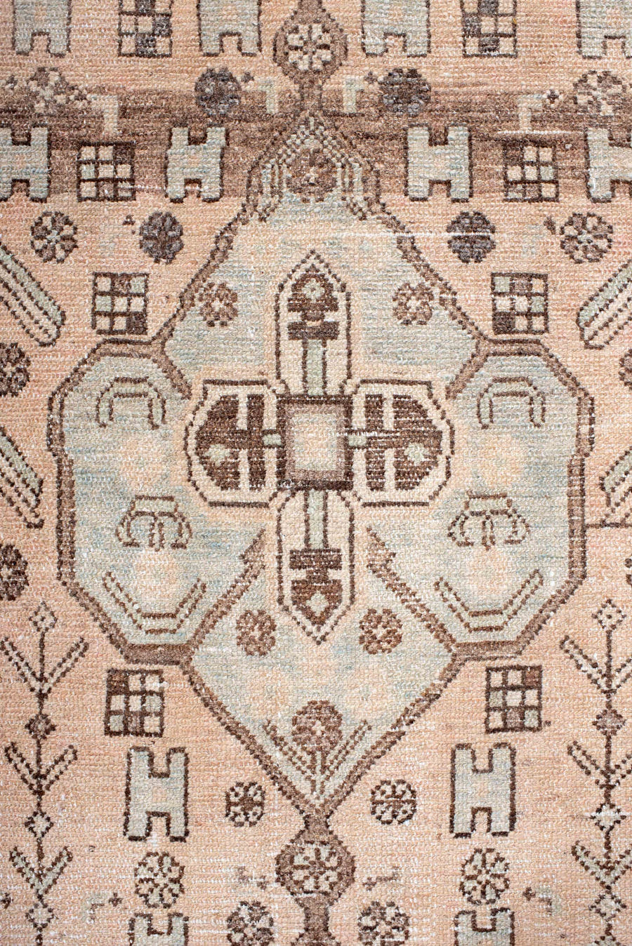3' x 10' one-of-a-kind handmade vintage Hamadan runner rug. Color palette: blush, ivory, brown, taupe, charcoal, sage, pink