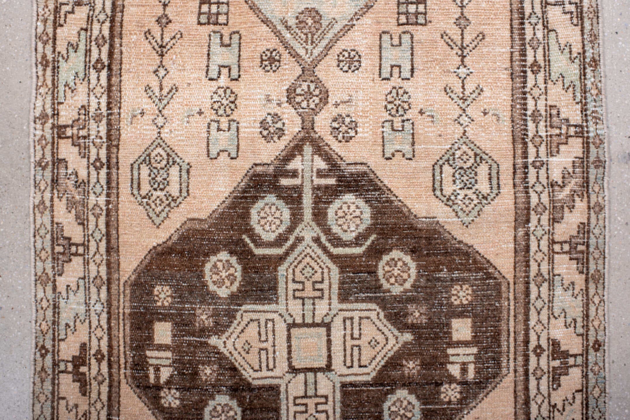 3' x 10' one-of-a-kind handmade vintage Hamadan runner rug. Color palette: blush, ivory, brown, taupe, charcoal, sage, pink