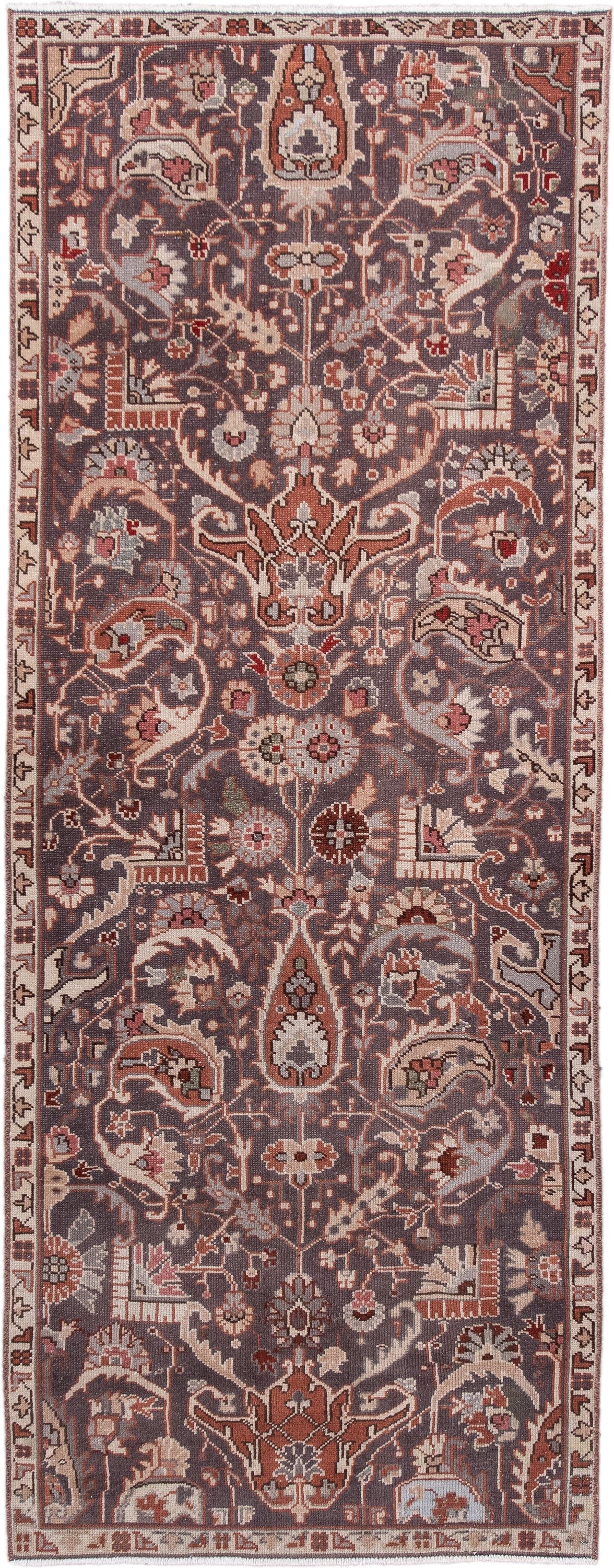 3' x 7' one-of-a-kind handmade antique Sivas runner rug. Color palette: charcoal, ivory, rose, rust, taupe, slate, burgundy
