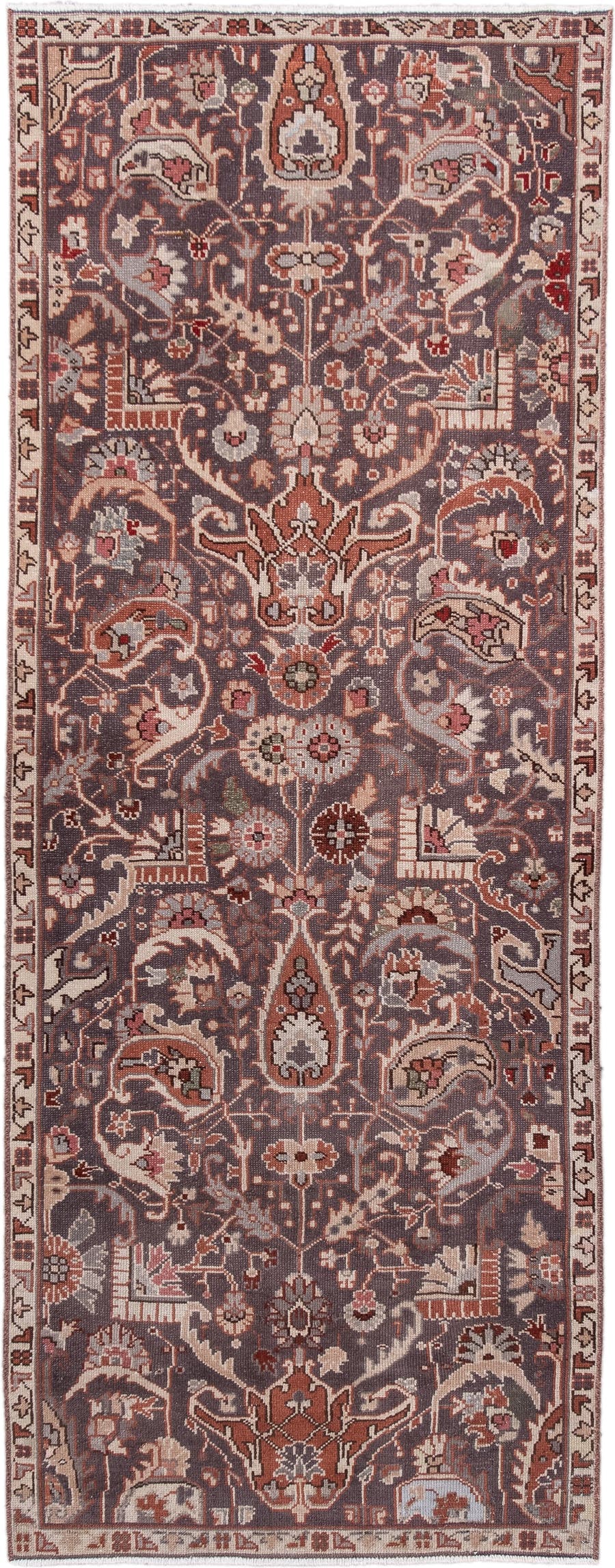 3' x 7' one-of-a-kind handmade antique Sivas runner rug. Color palette: charcoal, ivory, rose, rust, taupe, slate, burgundy