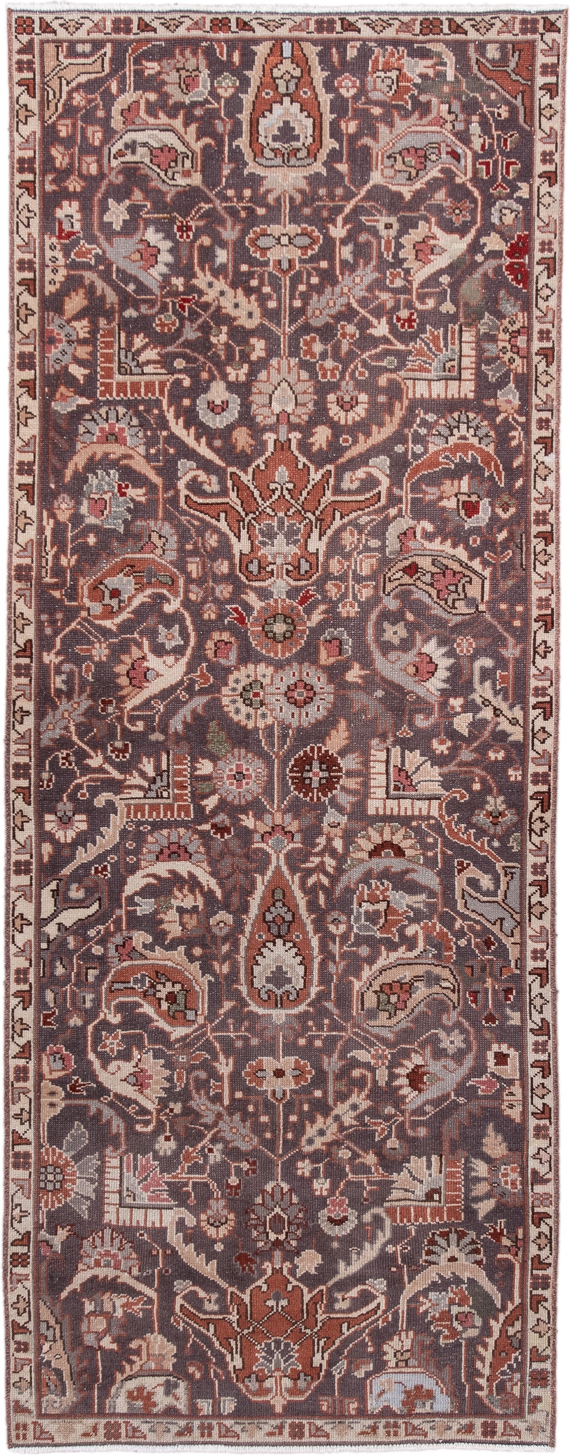 3' x 7' one-of-a-kind handmade antique Sivas runner rug. Color palette: charcoal, ivory, rose, rust, taupe, slate, burgundy