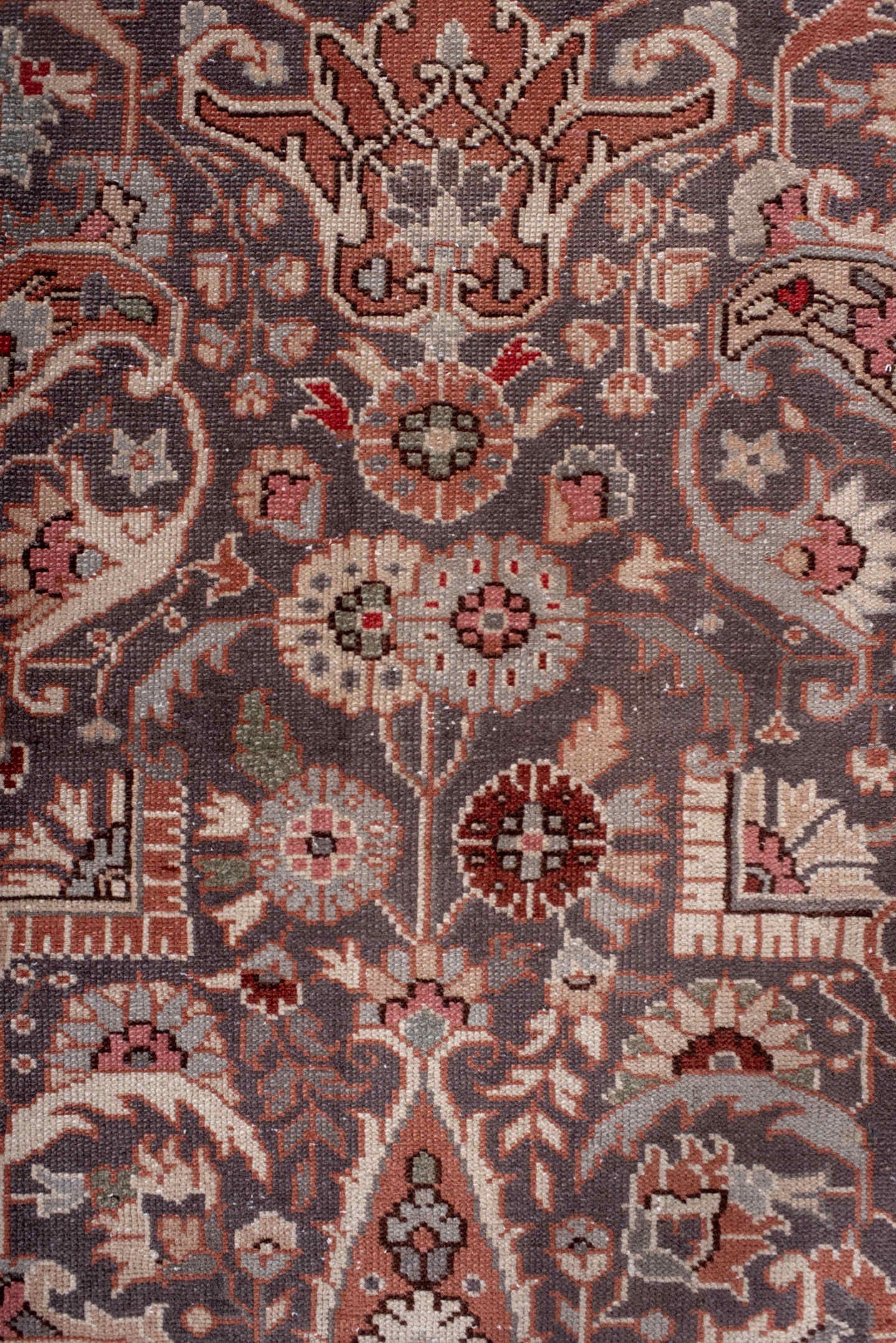3' x 7' one-of-a-kind handmade antique Sivas runner rug. Color palette: charcoal, ivory, rose, rust, taupe, slate, burgundy