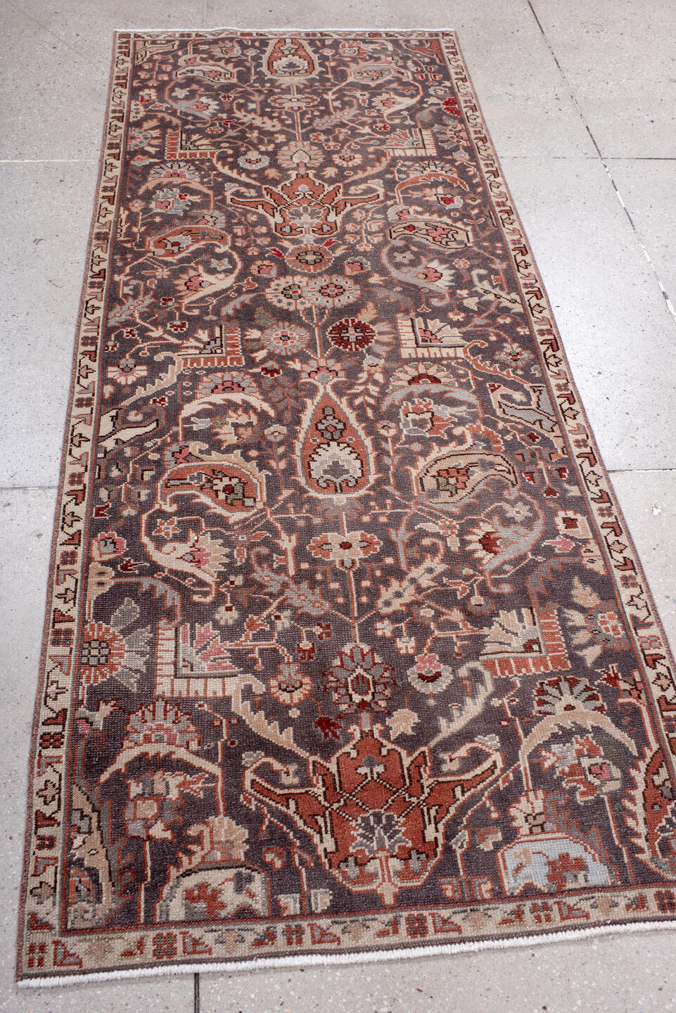 3' x 7' one-of-a-kind handmade vintage Sivas runner rug. Color palette: brown, gray, light gray, misty rose, off-white
