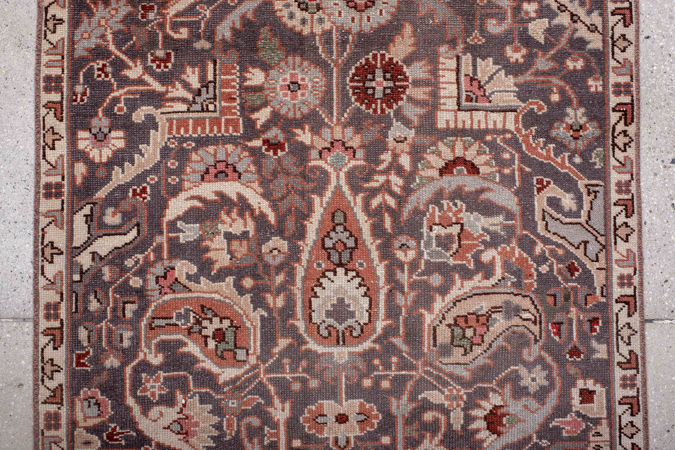 3' x 7' one-of-a-kind handmade vintage Sivas runner rug. Color palette: brown, gray, light gray, misty rose, off-white
