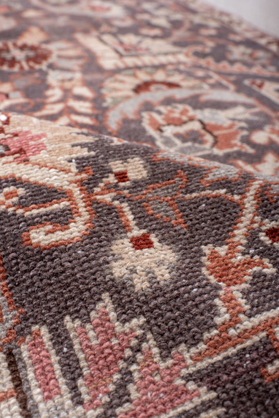 3' x 7' one-of-a-kind handmade antique Sivas runner rug. Color palette: charcoal, ivory, rose, rust, taupe, slate, burgundy