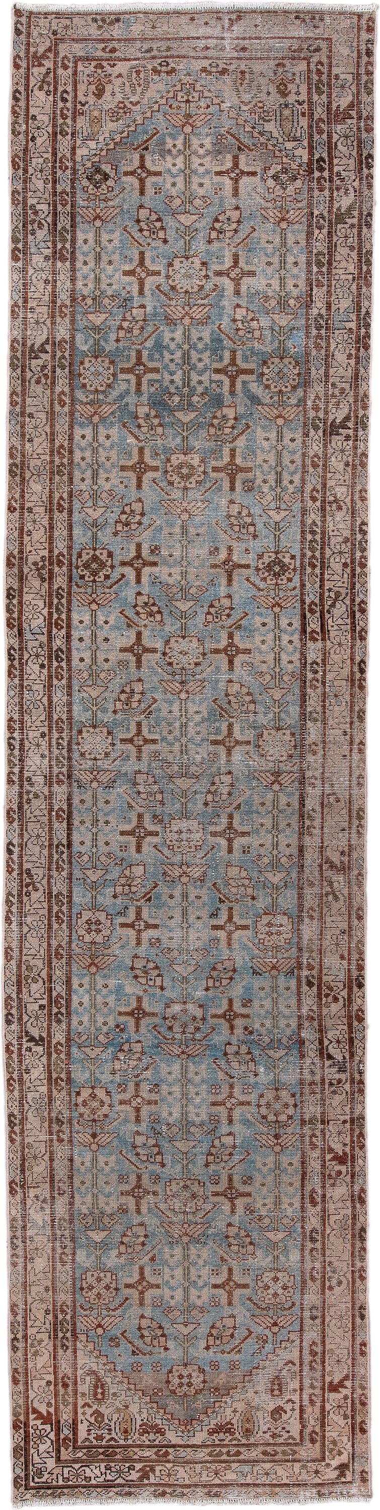 3' x 13' one-of-a-kind handmade antique Hamadan runner rug. Color palette: sky blue, ivory, rust, brown, taupe, camel