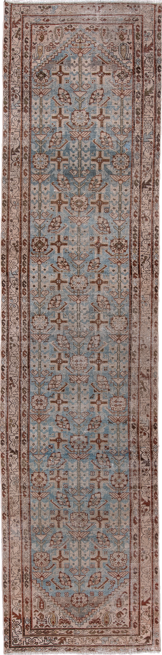 3' x 13' one-of-a-kind handmade vintage Hamadan runner rug. Color palette: brown, dark gray, dim gray, gray, light gray