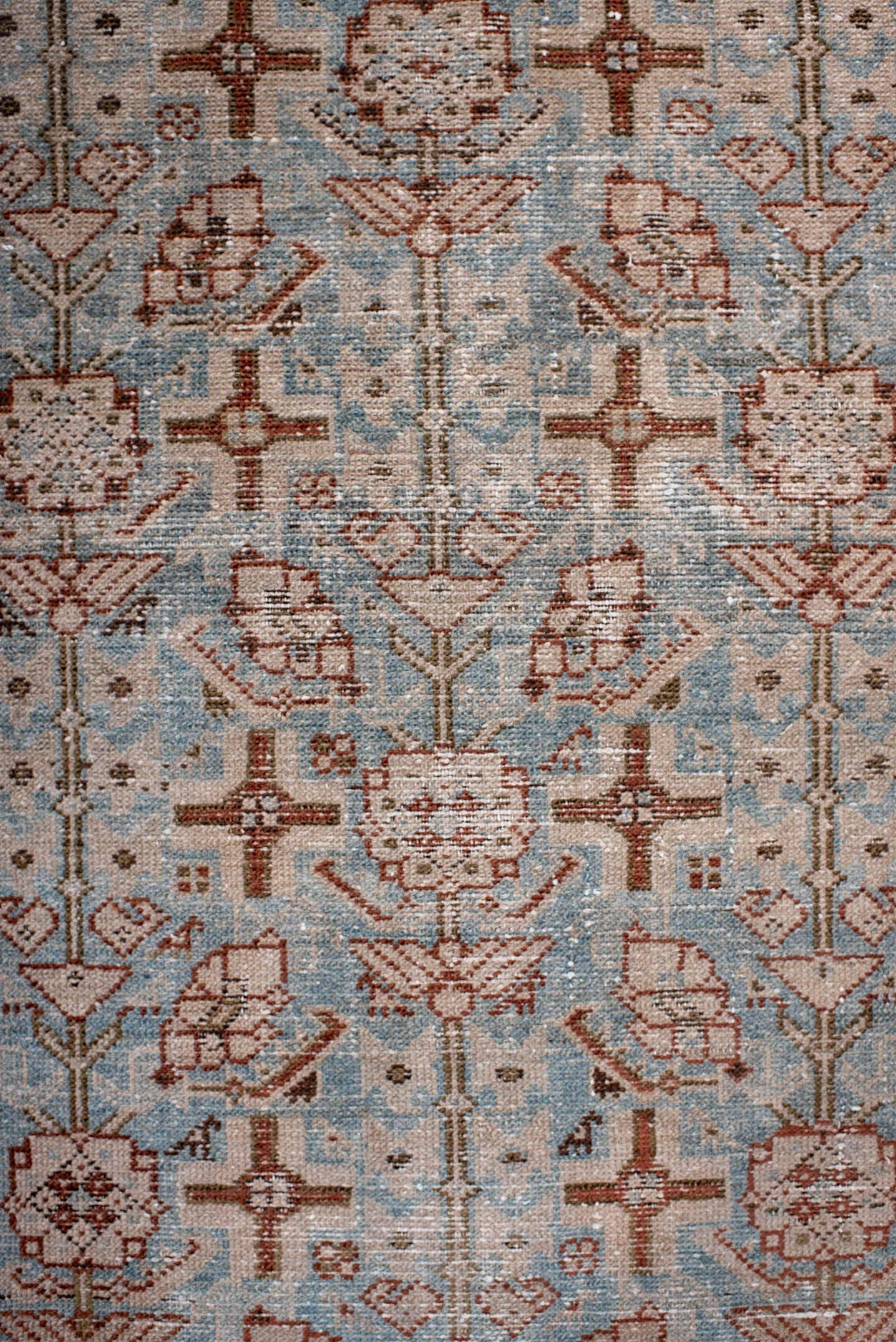 3' x 13' one-of-a-kind handmade antique Hamadan runner rug. Color palette: sky blue, ivory, rust, brown, taupe, camel
