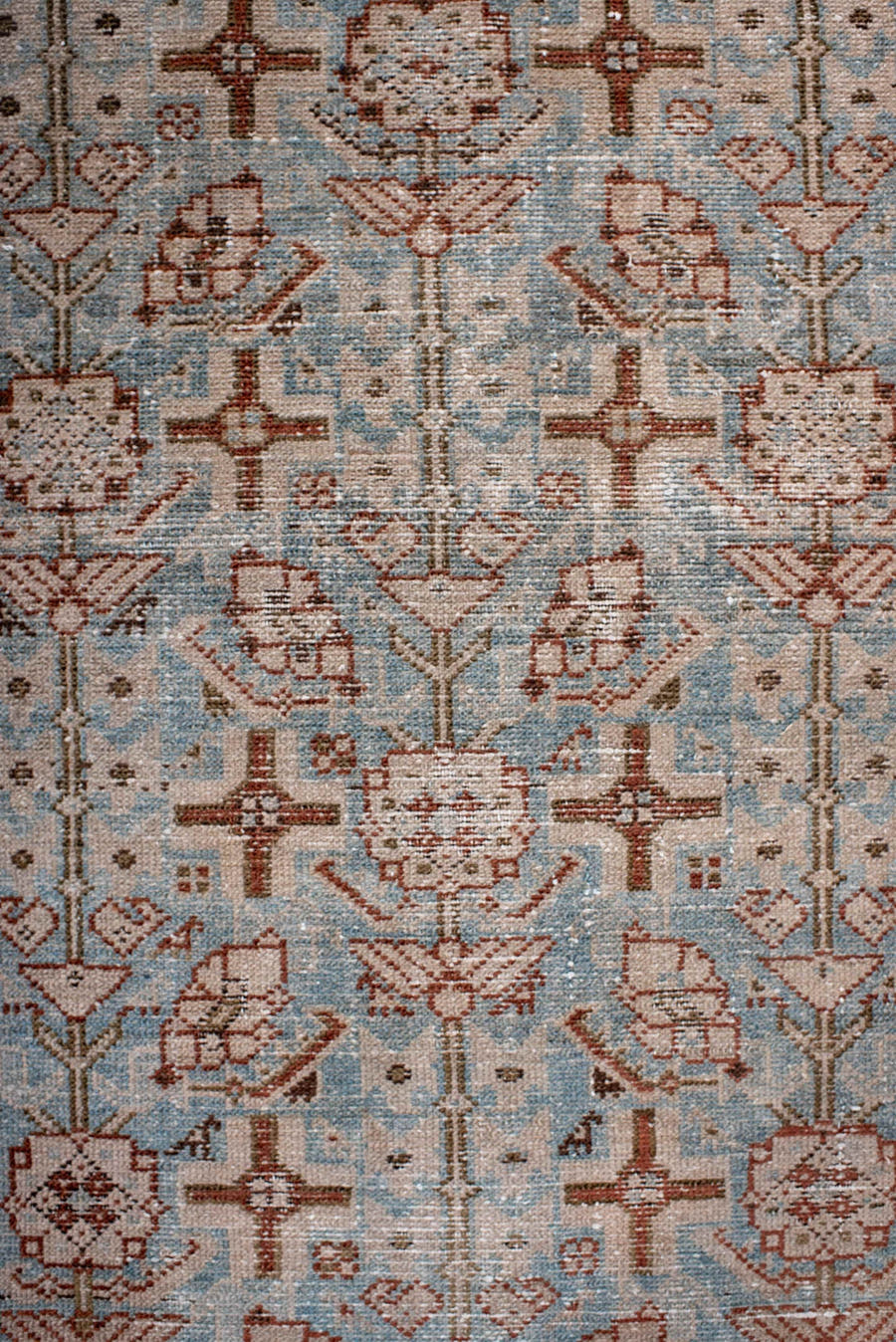 3' x 13' one-of-a-kind handmade antique Hamadan runner rug. Color palette: sky blue, ivory, rust, brown, taupe, camel
