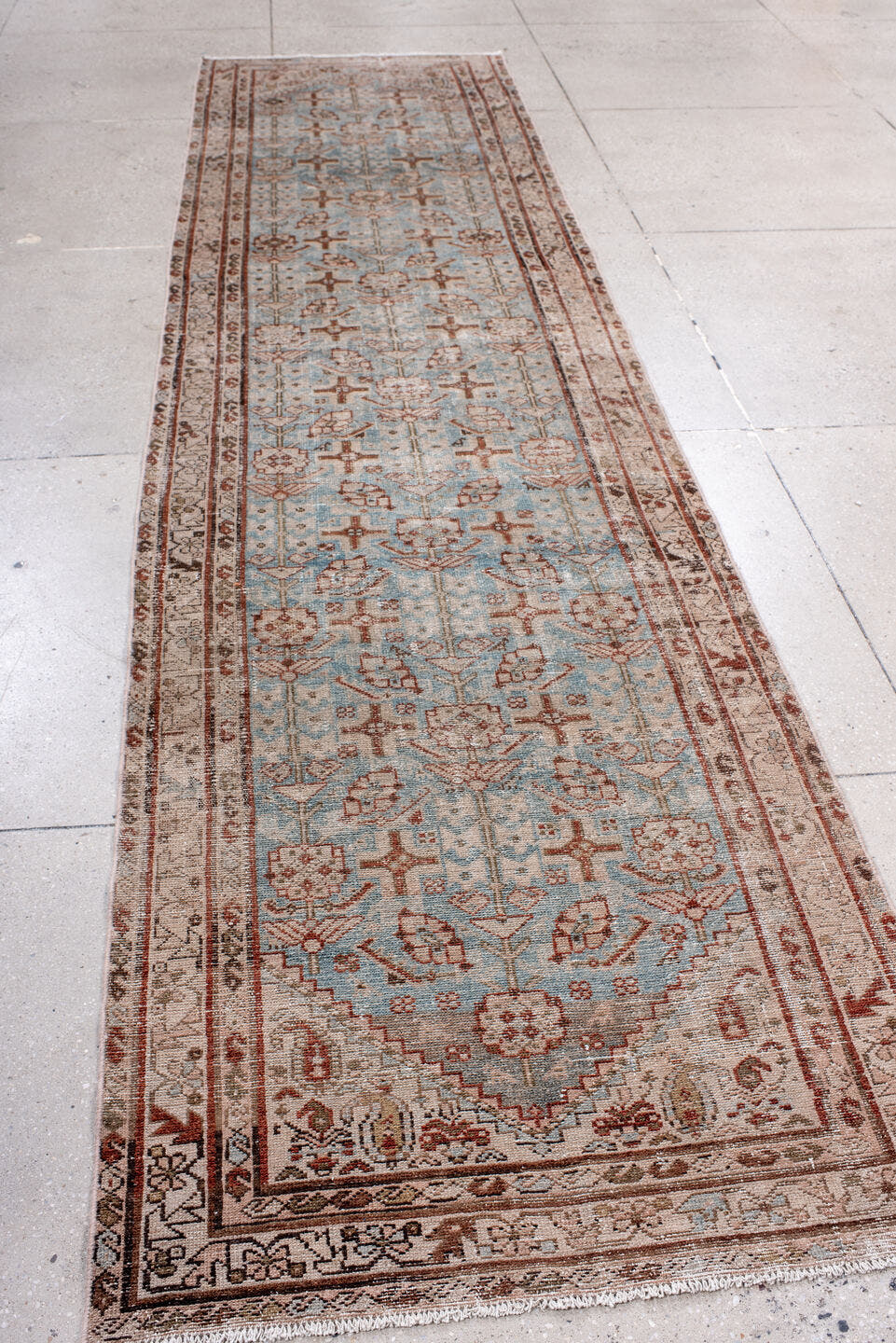 3' x 13' one-of-a-kind handmade antique Hamadan runner rug. Color palette: sky blue, ivory, rust, brown, taupe, camel