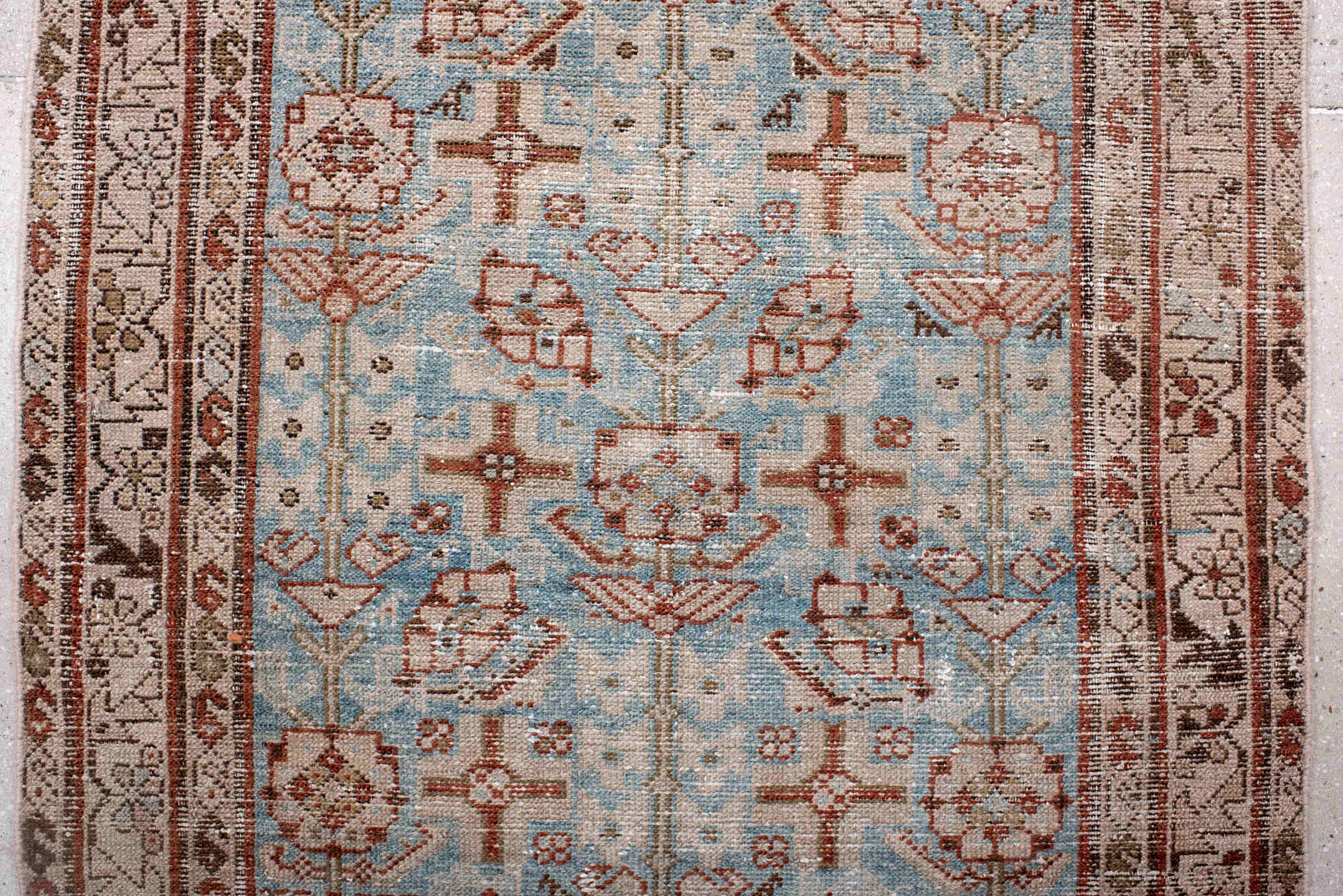 3' x 13' one-of-a-kind handmade antique Hamadan runner rug. Color palette: sky blue, ivory, rust, brown, taupe, camel