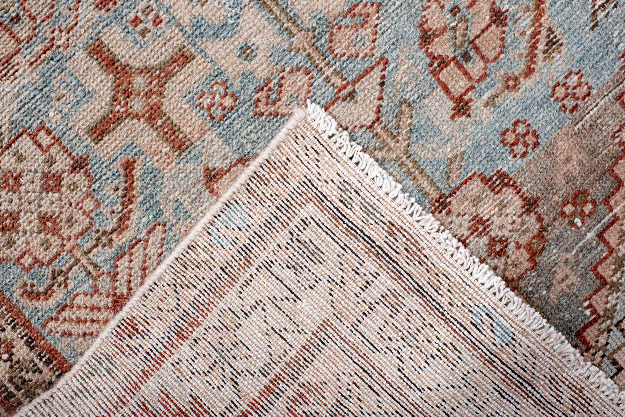3' x 13' one-of-a-kind handmade antique Hamadan runner rug. Color palette: sky blue, ivory, rust, brown, taupe, camel