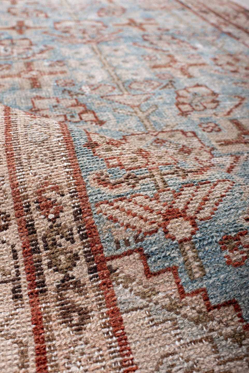 3' x 13' one-of-a-kind handmade antique Hamadan runner rug. Color palette: sky blue, ivory, rust, brown, taupe, camel